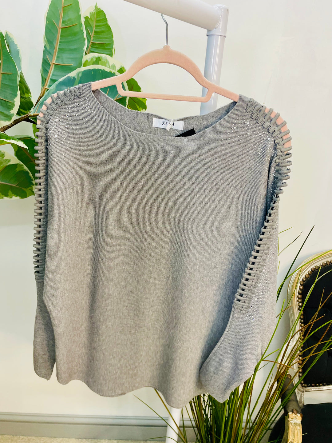 LADIES DIAMANTE BATWING JUMPER GREY