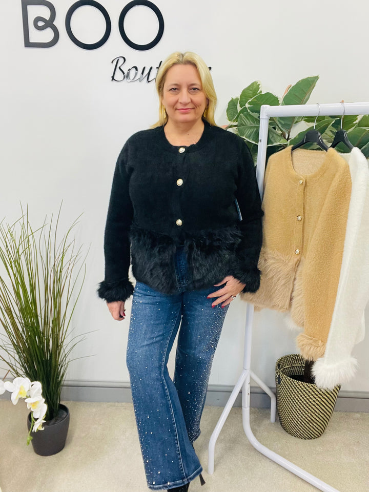 LADIES KNITTED FLUFFY FAUX FUR CARDIGAN - CAMEL, CREAM & BLACK