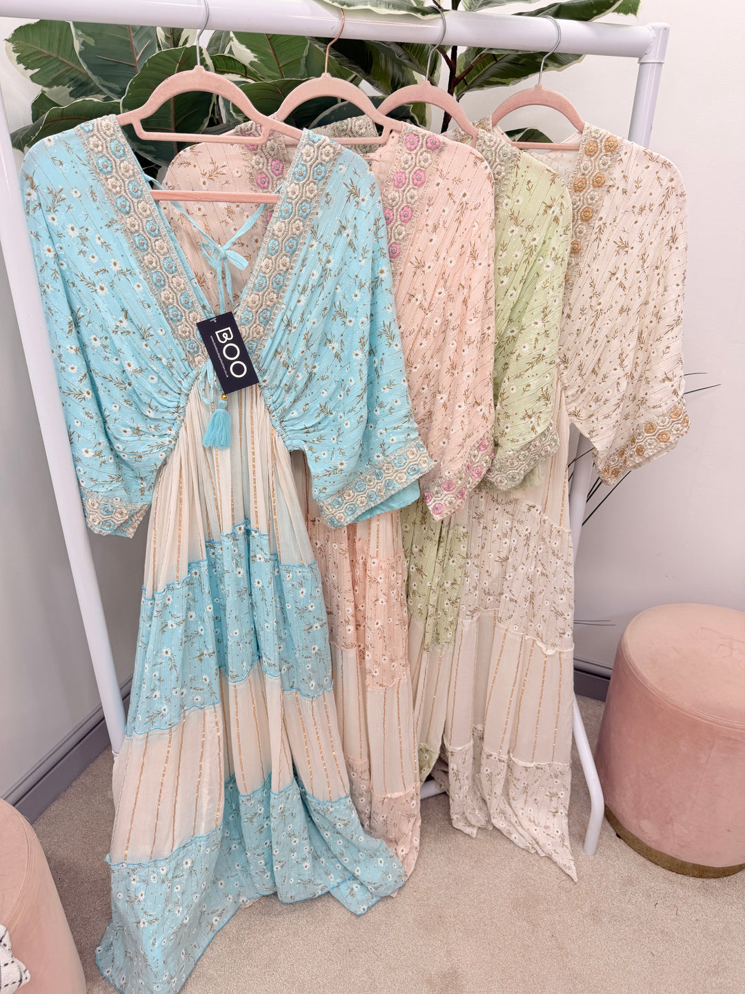 Ladies Fashion Boho Summer Maxi Dress - Pink, Cream, Mint & Blue