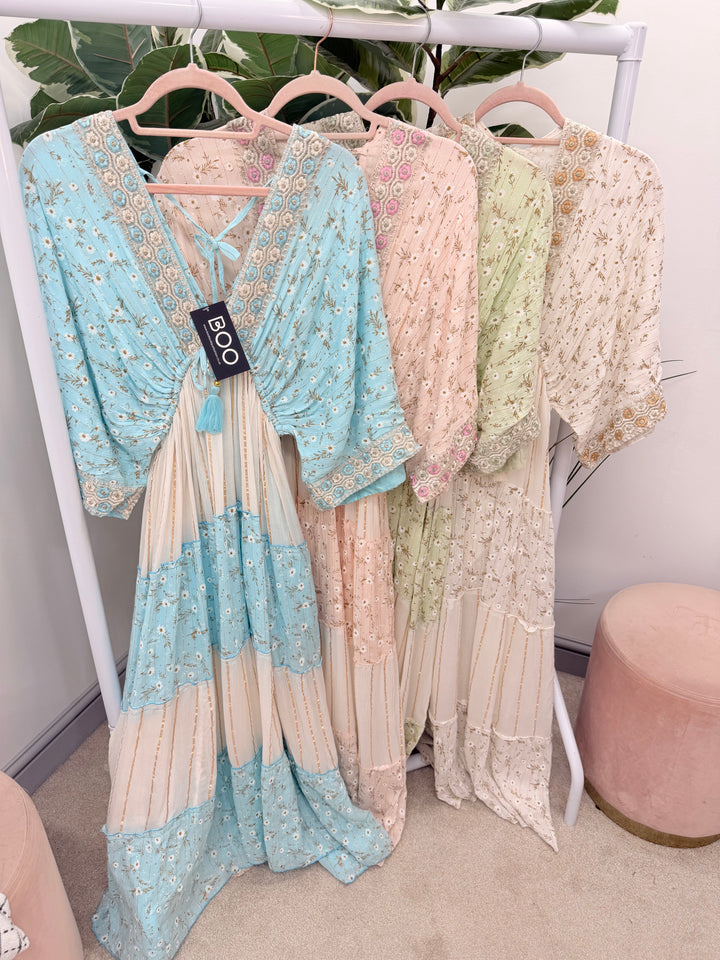 Ladies Fashion Boho Summer Maxi Dress - Pink, Cream, Mint & Blue
