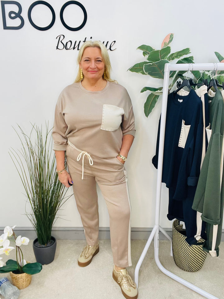 LADIES PATCHWORK POCKET SCUBA TROUSER CO ORD SET - NAVY, KHAKI & BEIGE