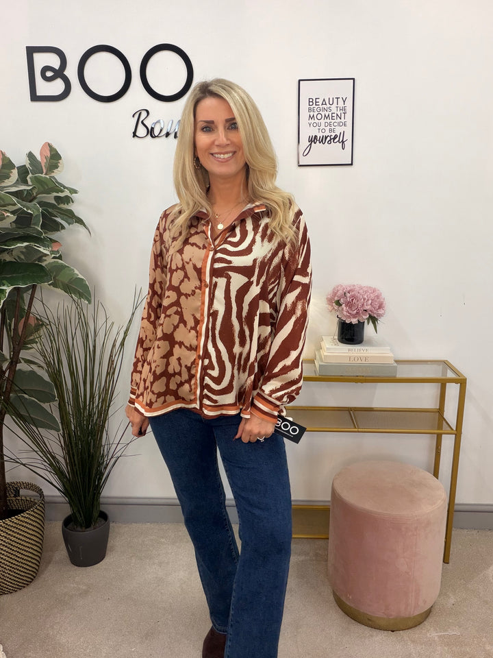 Womens Animal Leopard Print Satin Shirt Blouse - Navy, Burgundy & Camel