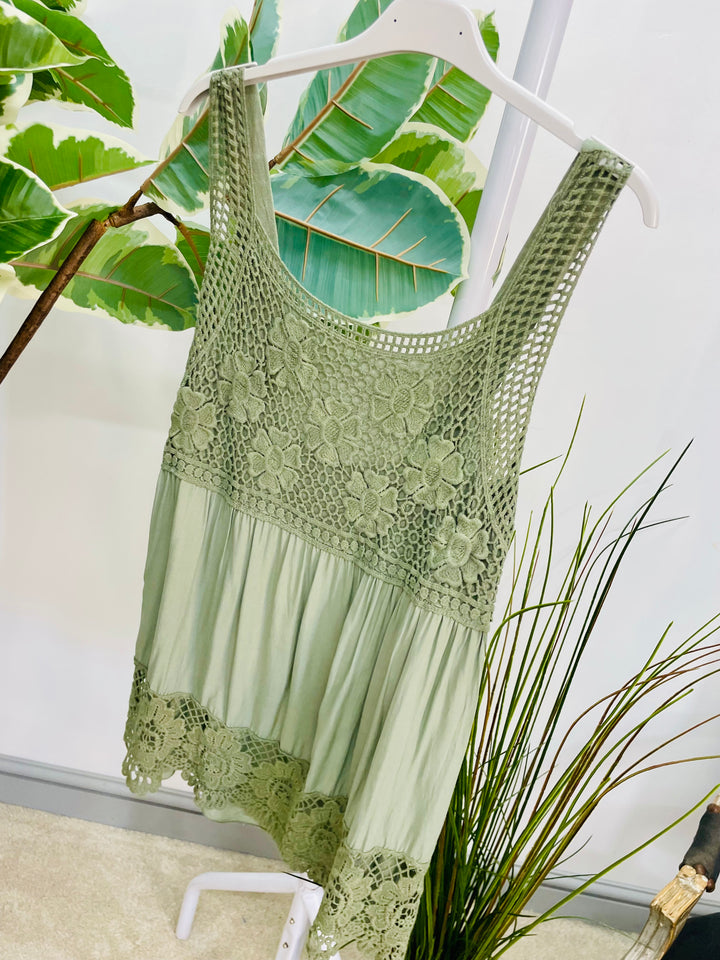 LADIES CROCHET & LACE SUMMER CAMI TOP - WHITE, LEMON, BLUE, PINK, KHAKI, BLACK