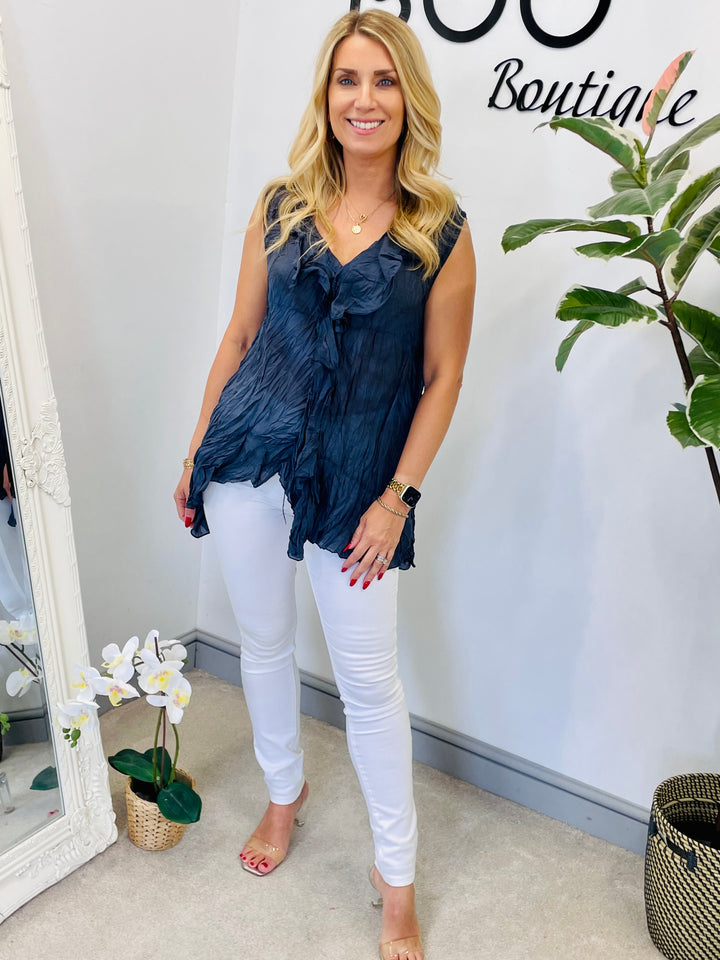 LADIES SLEEVELESS CRINKLE FRILL SUMMER TOP