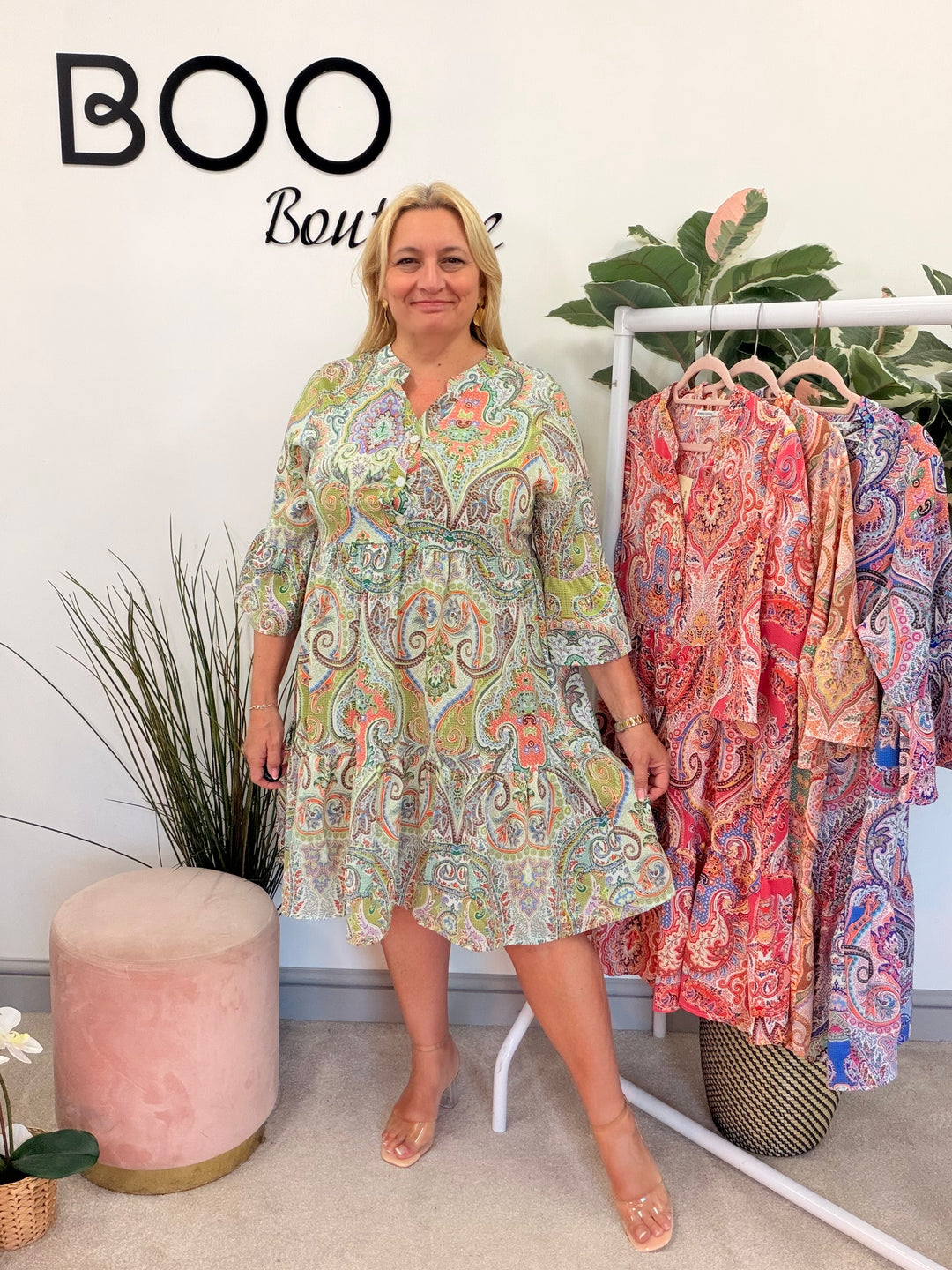 Ladies Paisley Print Smock Summer Dress - green, blue, pink, orange