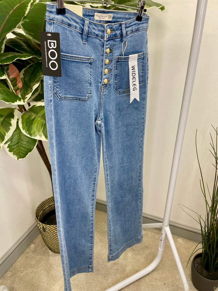 LADIES LIGHT DENIM WIDE LEG BUTTON FLY JEANS