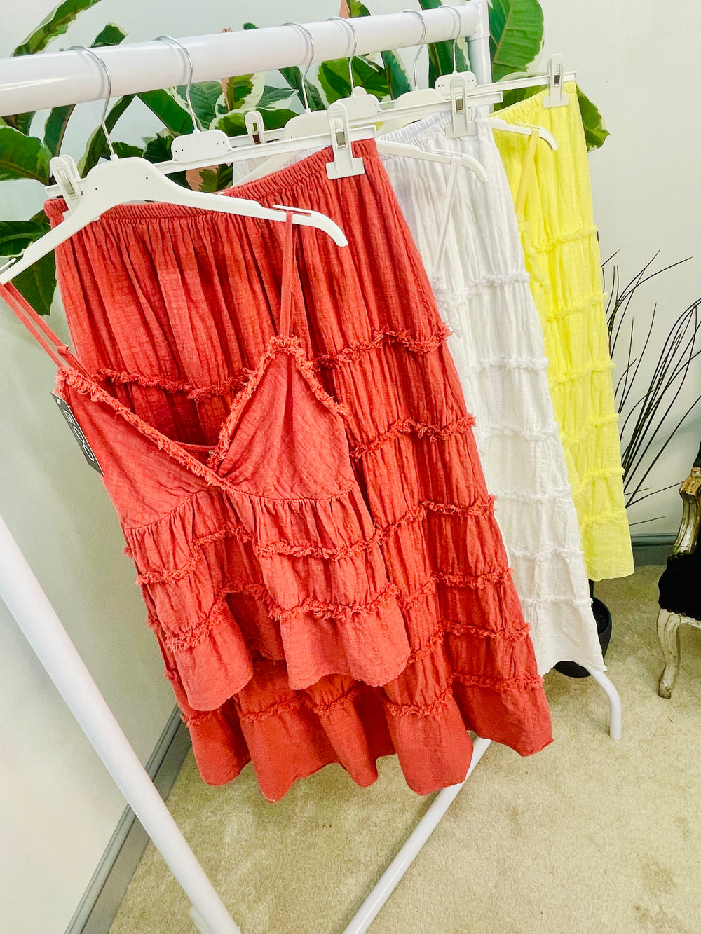 LADIES CAMI TOP MAXI SKIRT SUMMER CO ORD SET - YELLOW, WHITE & RUST