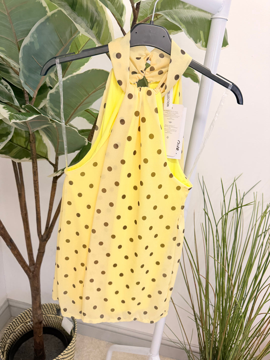 Ladies Fashion Polka Dot High Neck Top lemon yellow