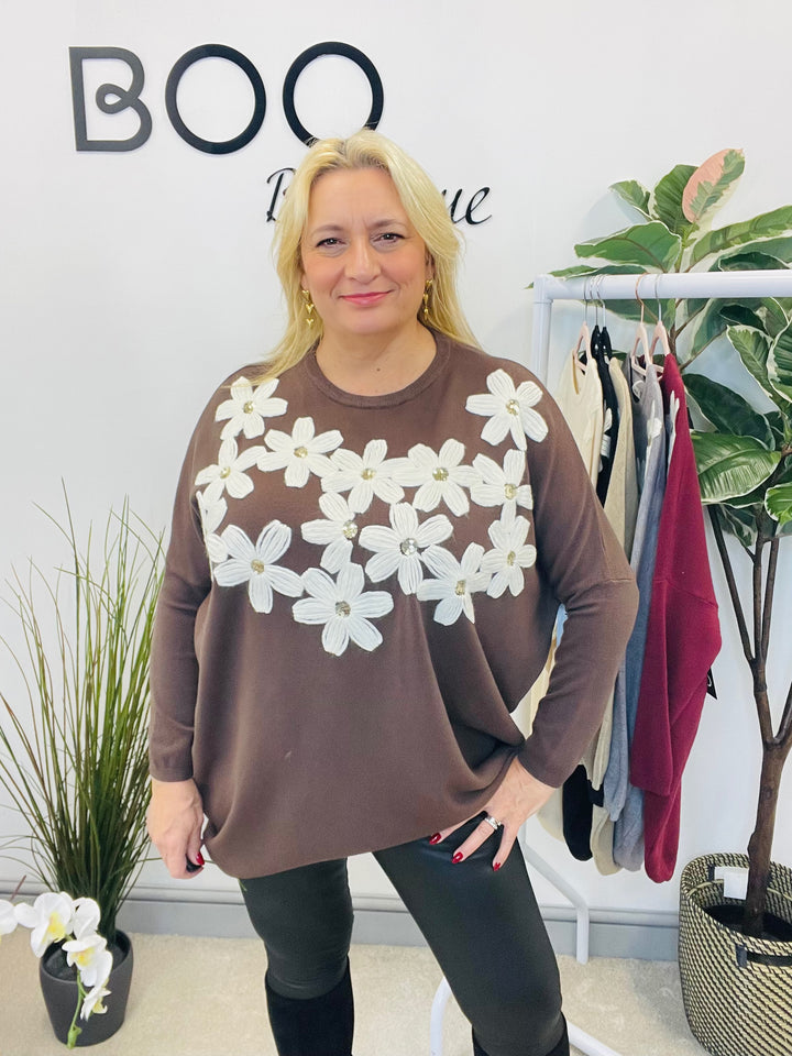 LADIES EMBROIDERED OVERSIZE LOOSE FIT JUMPER CHOCOLATE BROWN