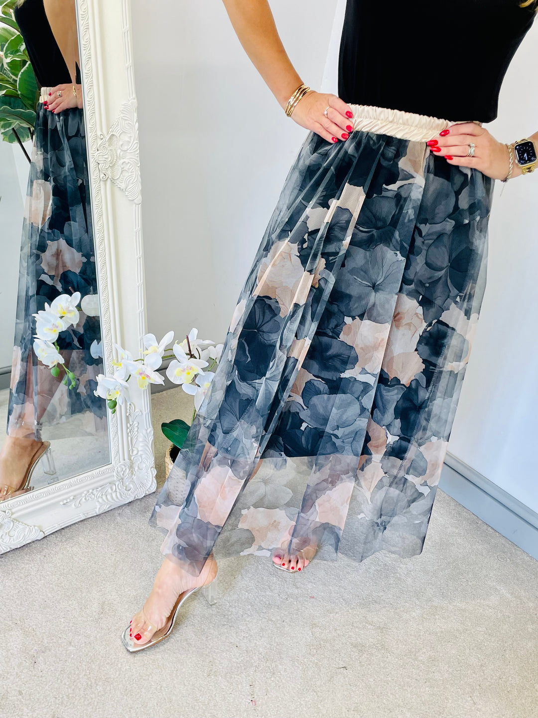 LADIES NET SUMMER MIDI SKIRT - PINK, BLACK, BEIGE