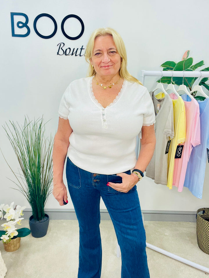 LADIES LACE EDGE STRETCH RIBBED T SHIRT WHITE, LEMON, PINK, BLUE & TAUPE