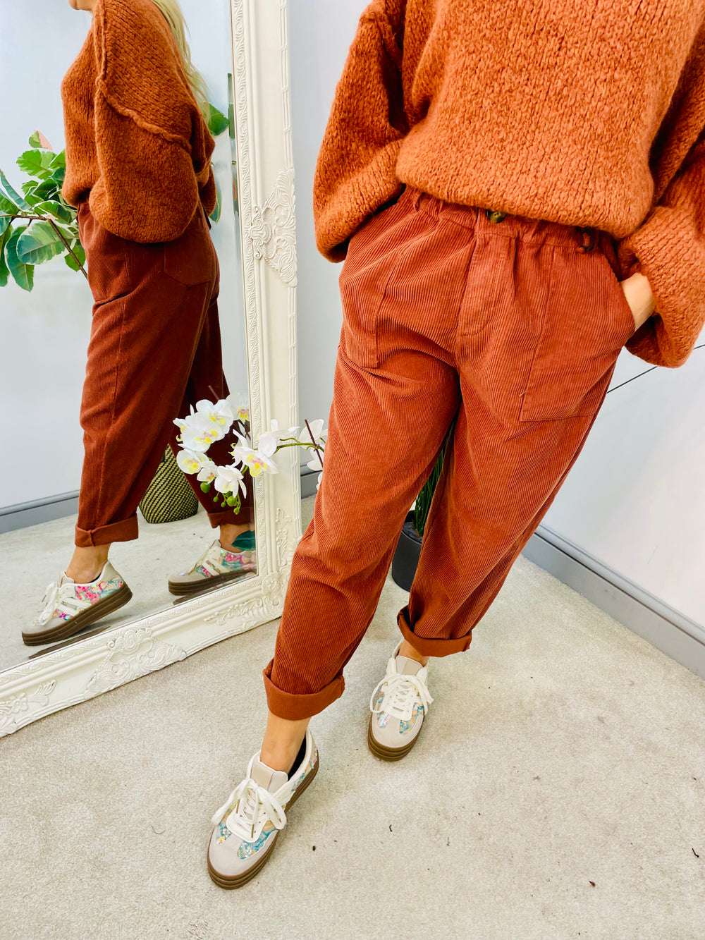 LADIES BAGGY CORDUROY TROUSERS - TAUPE, RUST & BROWN