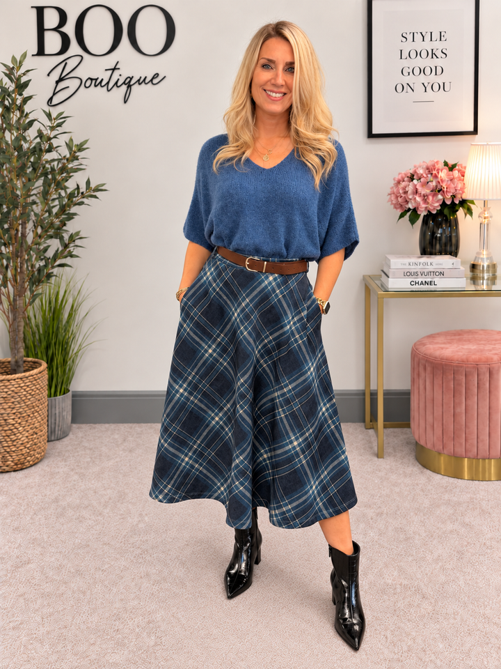Womens tartan A line midi skirt - Wine, Blue & Khaki