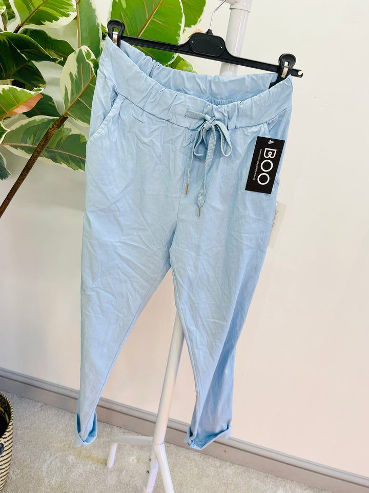 LADIES WOMENS PALE BLUE CRINKLE STRETCH CASUAL MAGIC TROUSERS