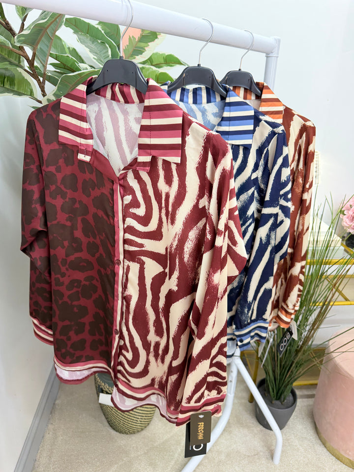 Womens Animal Leopard Print Satin Shirt Blouse - Navy, Burgundy & Camel