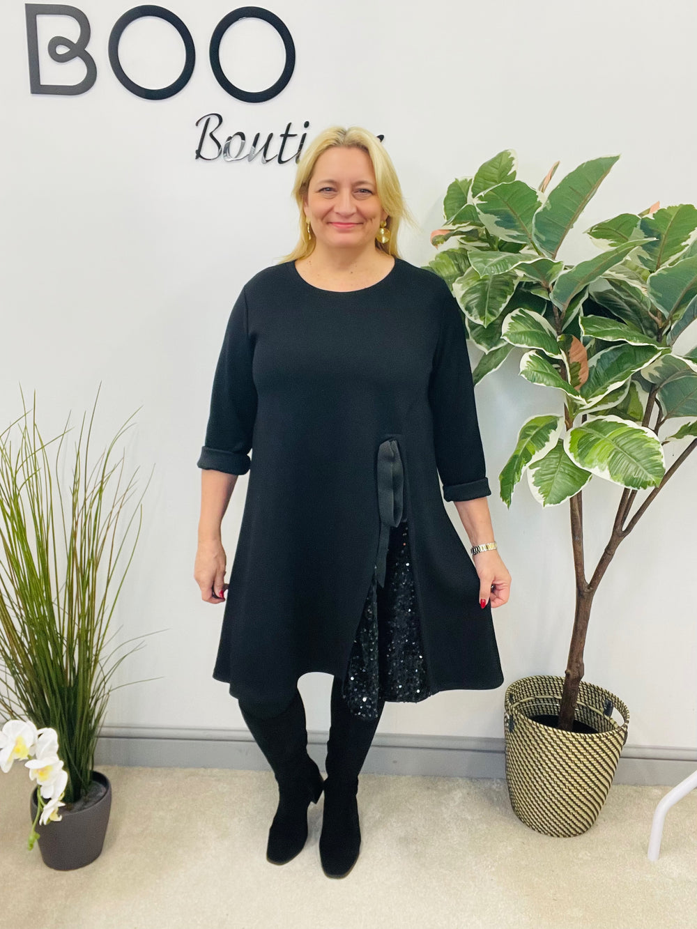 LADIES BLACK SWEATSHIRT STYLE SEQUIN DETAIL DRESS