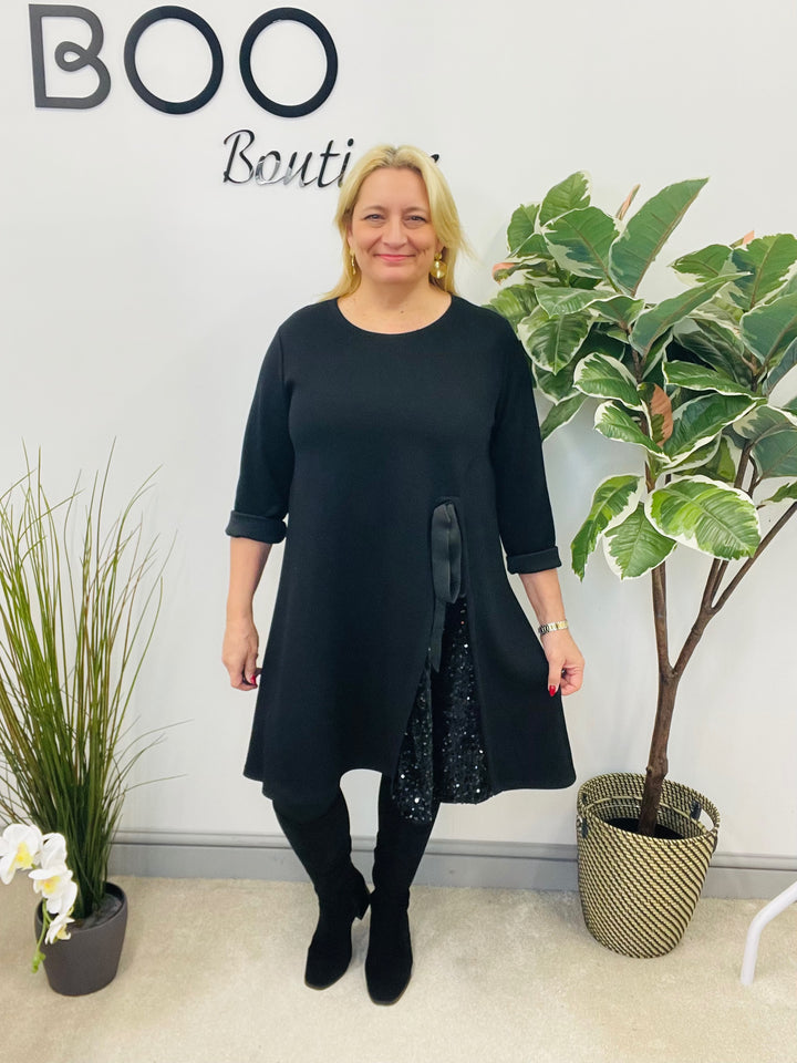 LADIES BLACK SWEATSHIRT STYLE SEQUIN DETAIL DRESS