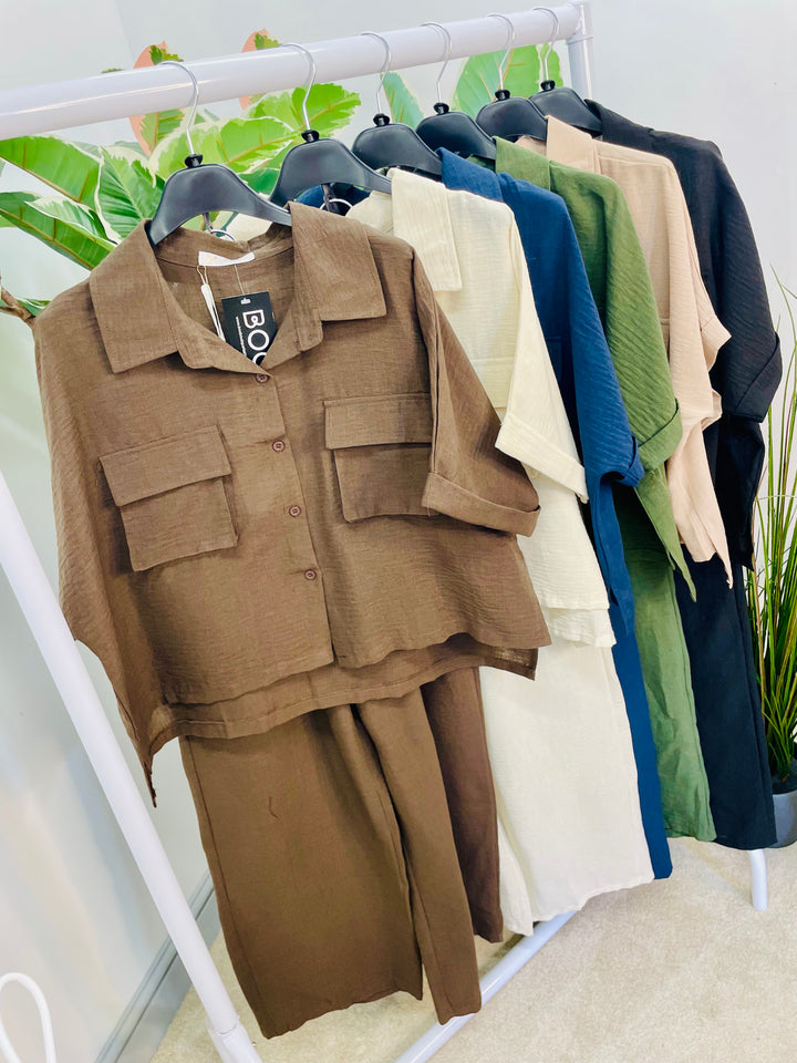 LADIES WIDE LEG TROUSER, CARGO TOP CO ORD SET - KHAKI, BLACK, BROWN, NAVY, CREAM, BEIGE