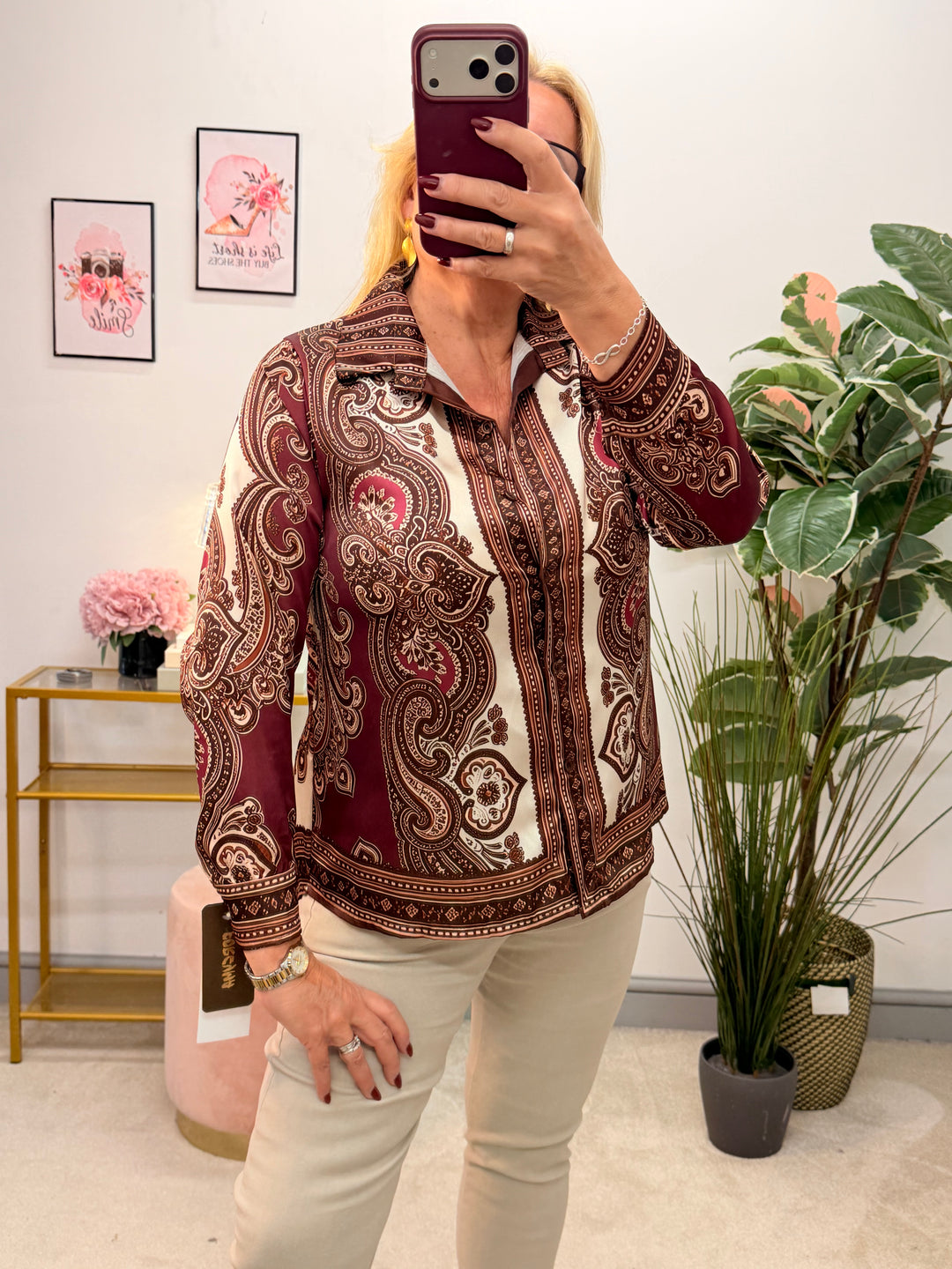Womens Burgundy Paisley Print Satin Shirt Blouse Top