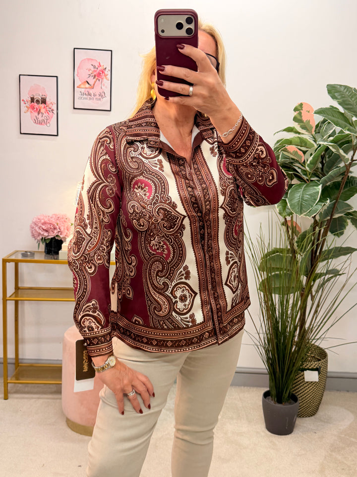 Womens Burgundy Paisley Print Satin Shirt Blouse Top