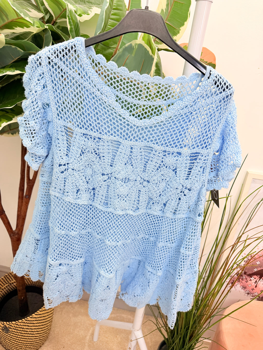 Ladies Pretty Crochet Top - lemon, white, blue, brown & coral 