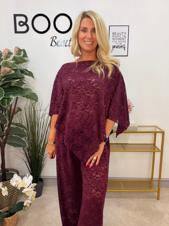 Ladies Fashion Lacy Wide Leg Trouser Co Ord Set - Black, Plum & Brown