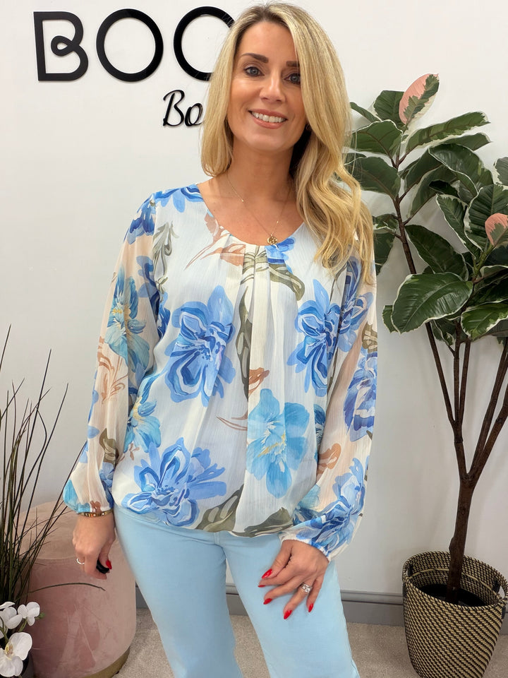 Ladies Fashion Flower Chiffon Blouse Top - Pink, Navy & Blue