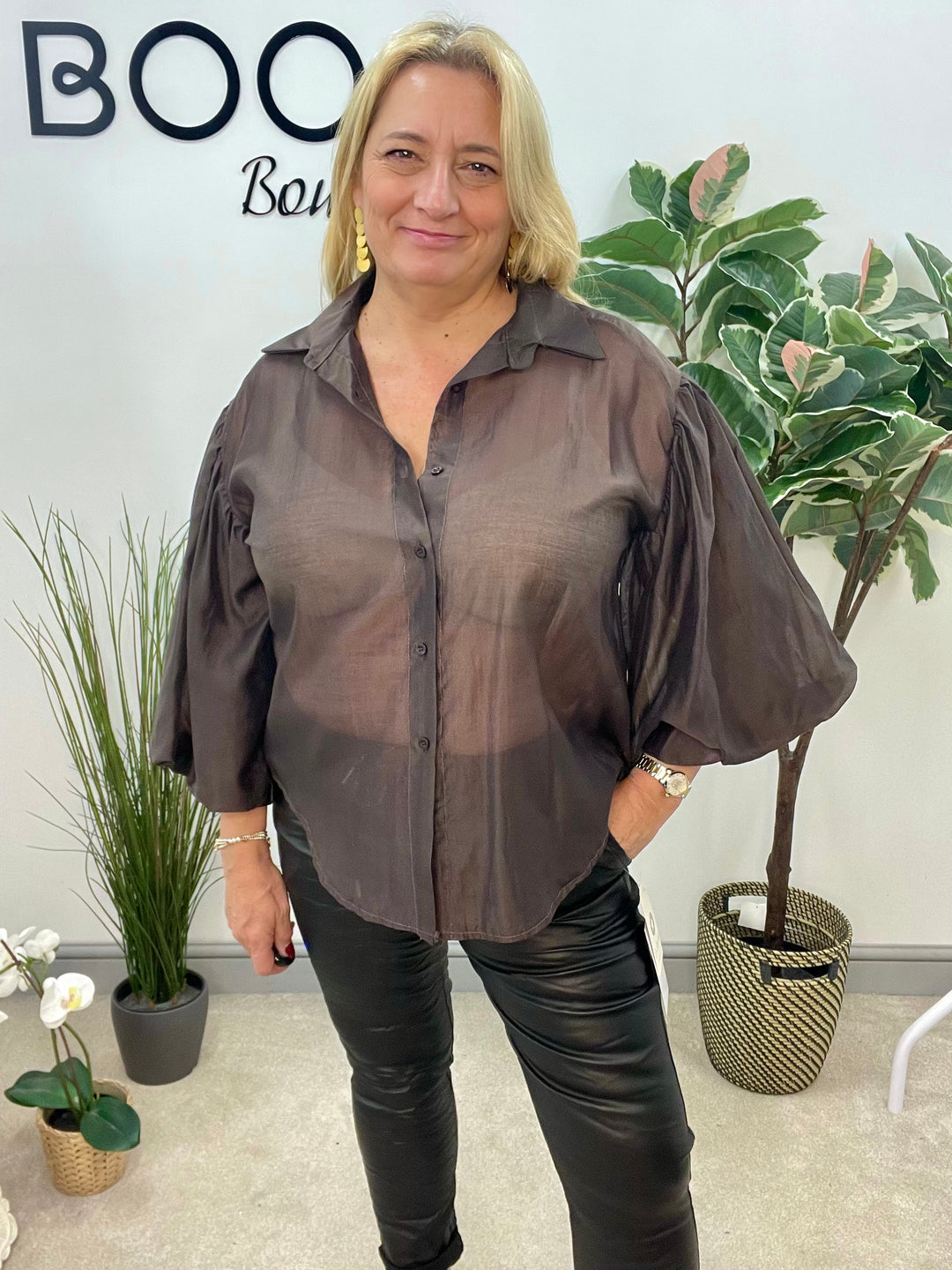 LADIES SHEER PUFF SLEEVE BLOUSE - OLIVE, BLACK, CREAM, TAUPE, WINE, BROWN