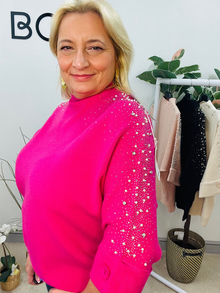 LADIES DIAMANTE SPARKLY JUMPER - FUSCHIA, PINK, BEIGE & BLACK