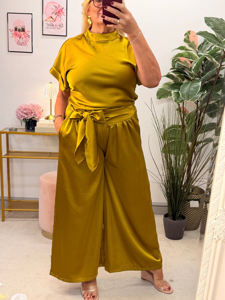 Womens Satin Trouser Suit Co Ord - Black, Red, Mink, Mustard, Brown