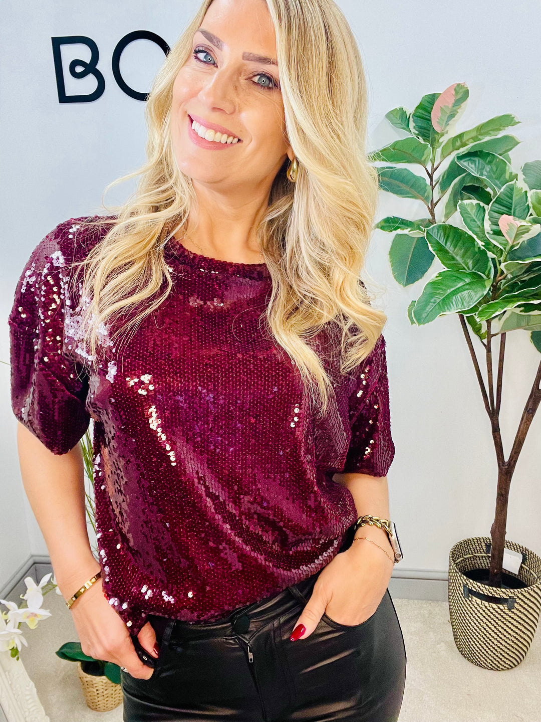 LADIES SEQUIN PARTY TOP - BERRY, BLACK & BROWN