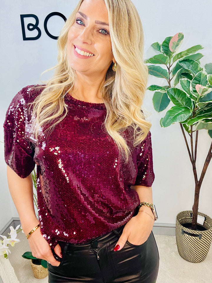 LADIES SEQUIN PARTY TOP - BERRY, BLACK & BROWN