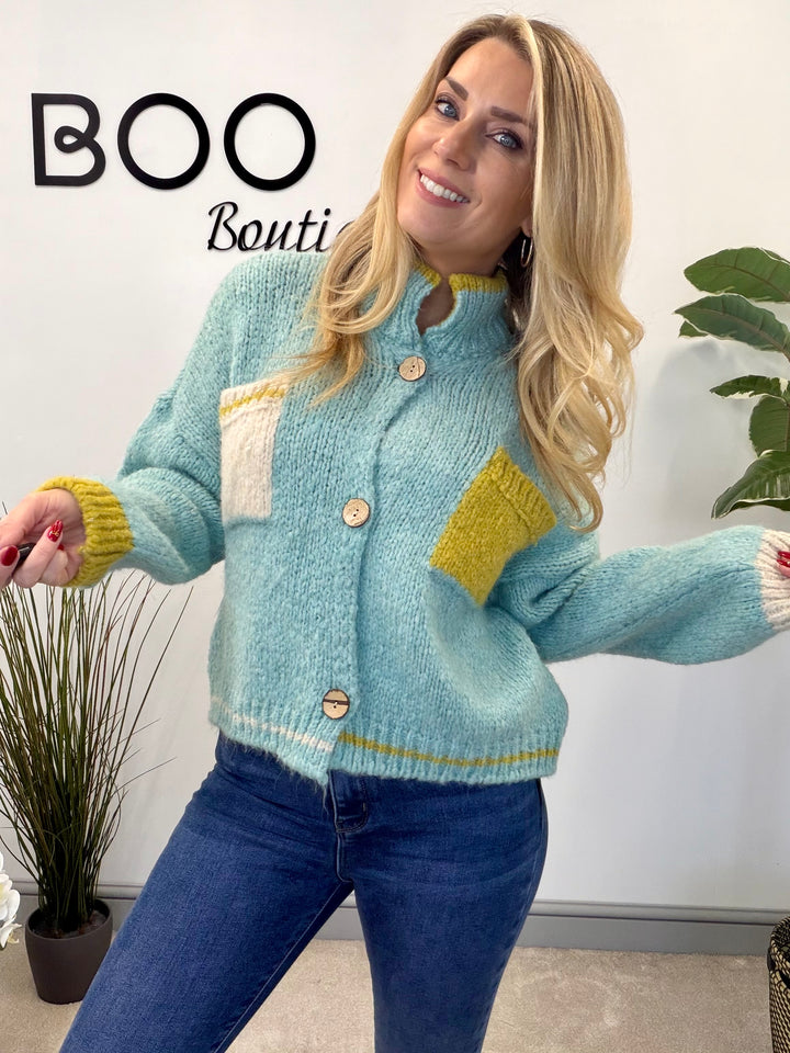 LADIES FUNKY CHUNKY KNIT TWO TONE CARDIGAN - MINT, BEIGE, ORANGE & LIME