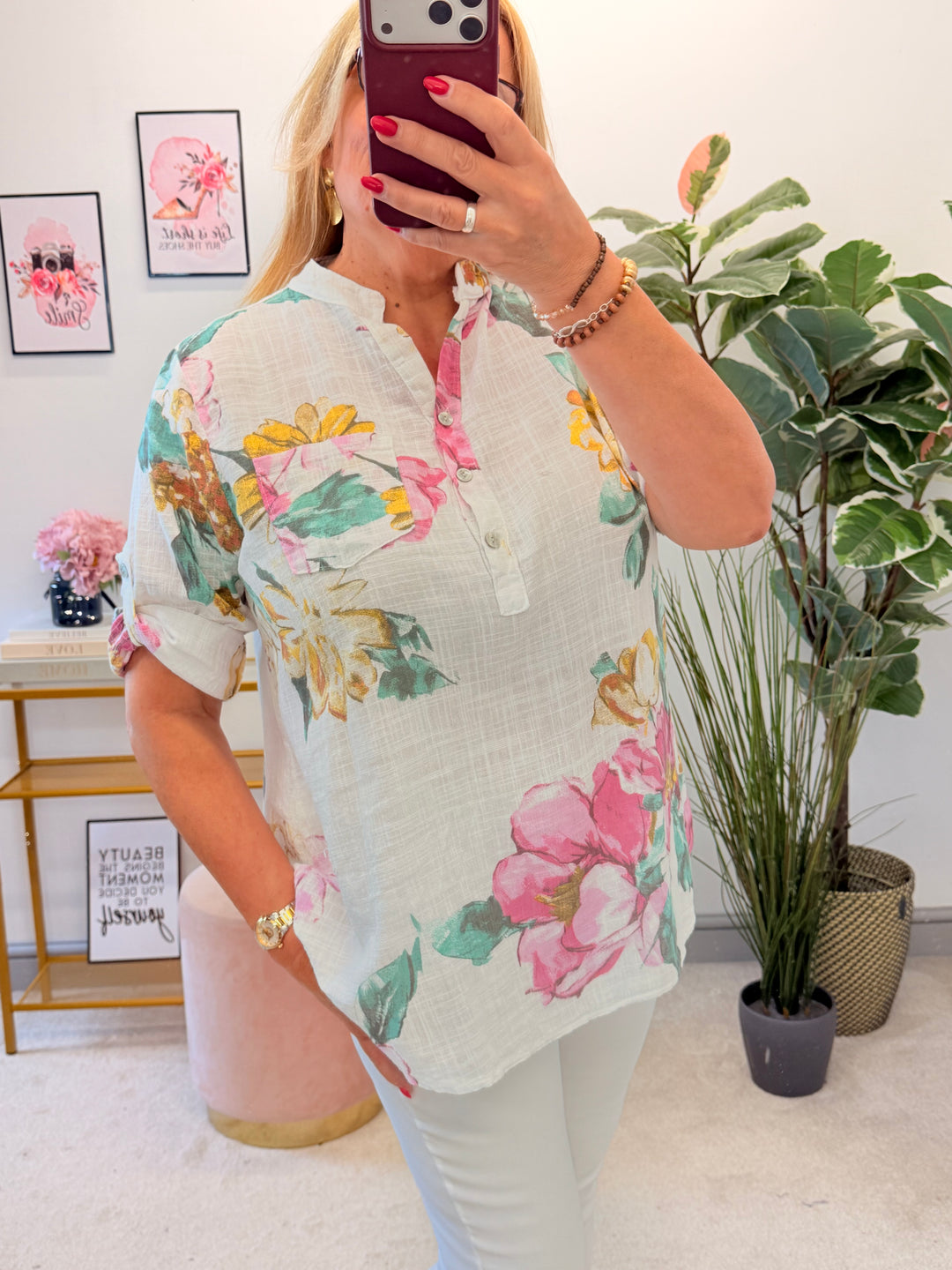 Ladies Light Linen Flower Print Grandad Shirt Top

