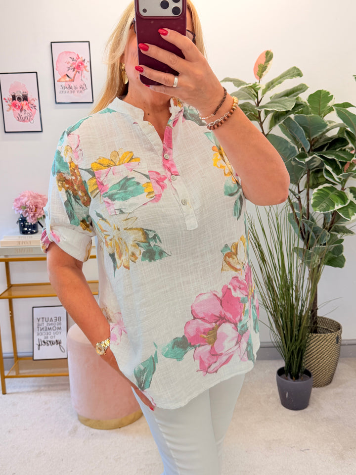 Ladies Light Linen Flower Print Grandad Shirt Top

