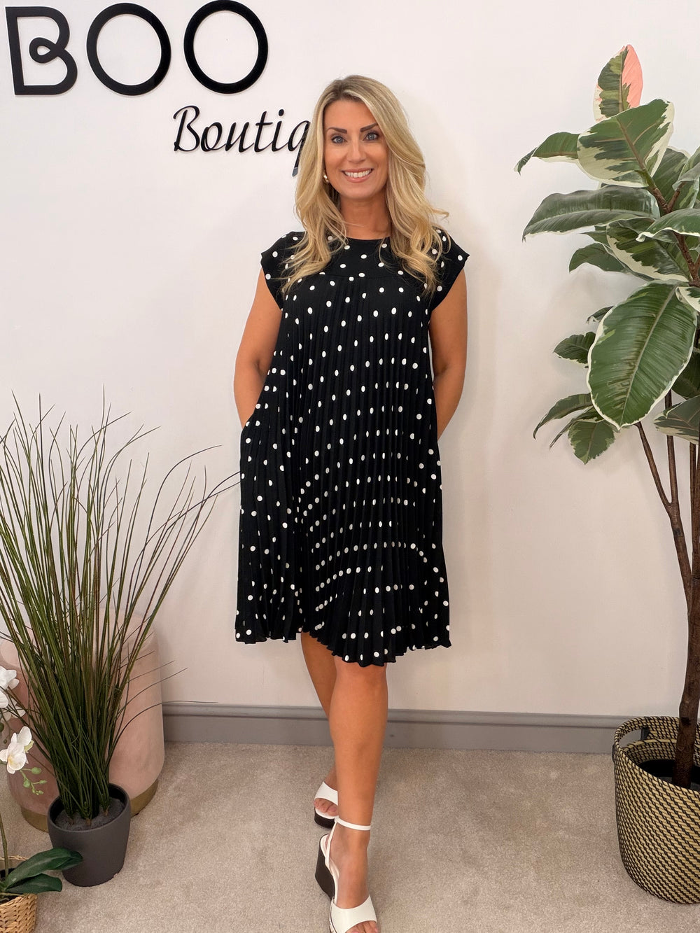 Ladies Pleated Polka Dot Midi Day Dress - black, navy, pink, blue, beige 