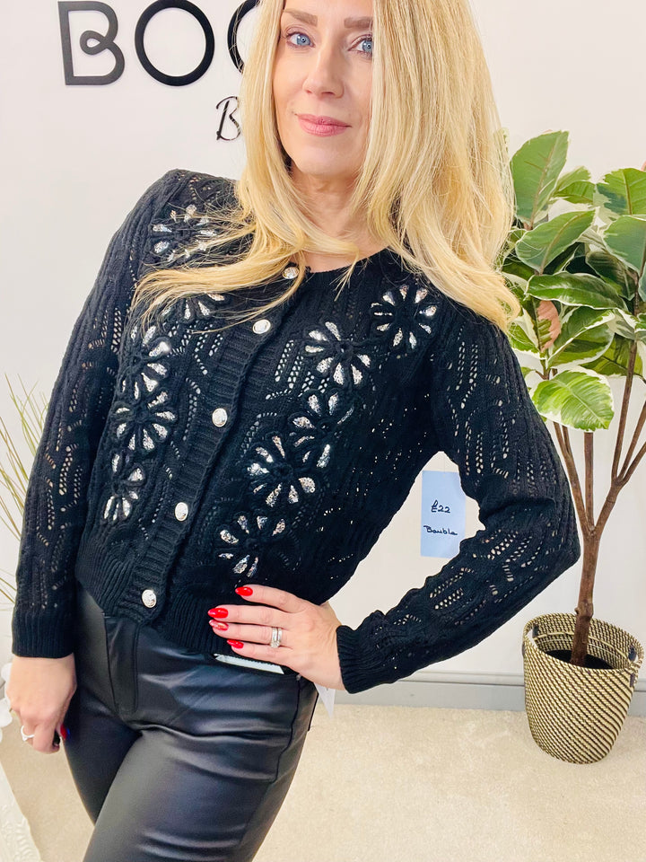 LADIES CROCHET SEQUIN CARDIGAN JUMPER - BLACK & WHITE