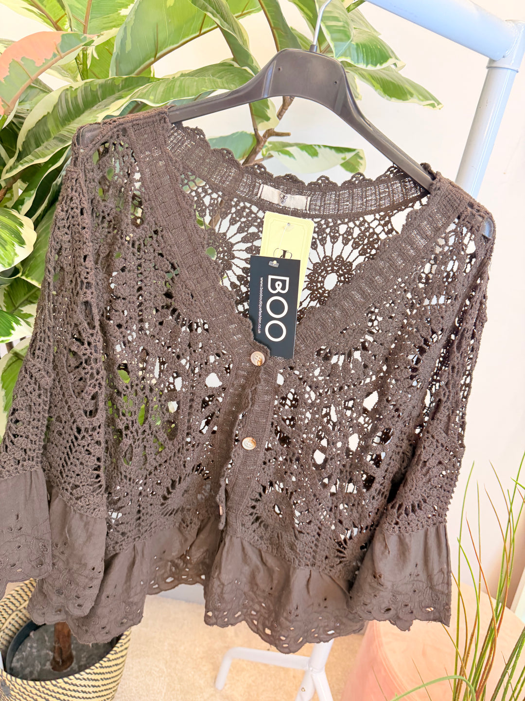 Ladies Broderie Anglaise & Lace Bolero Cardigan - White, Blue & Brown