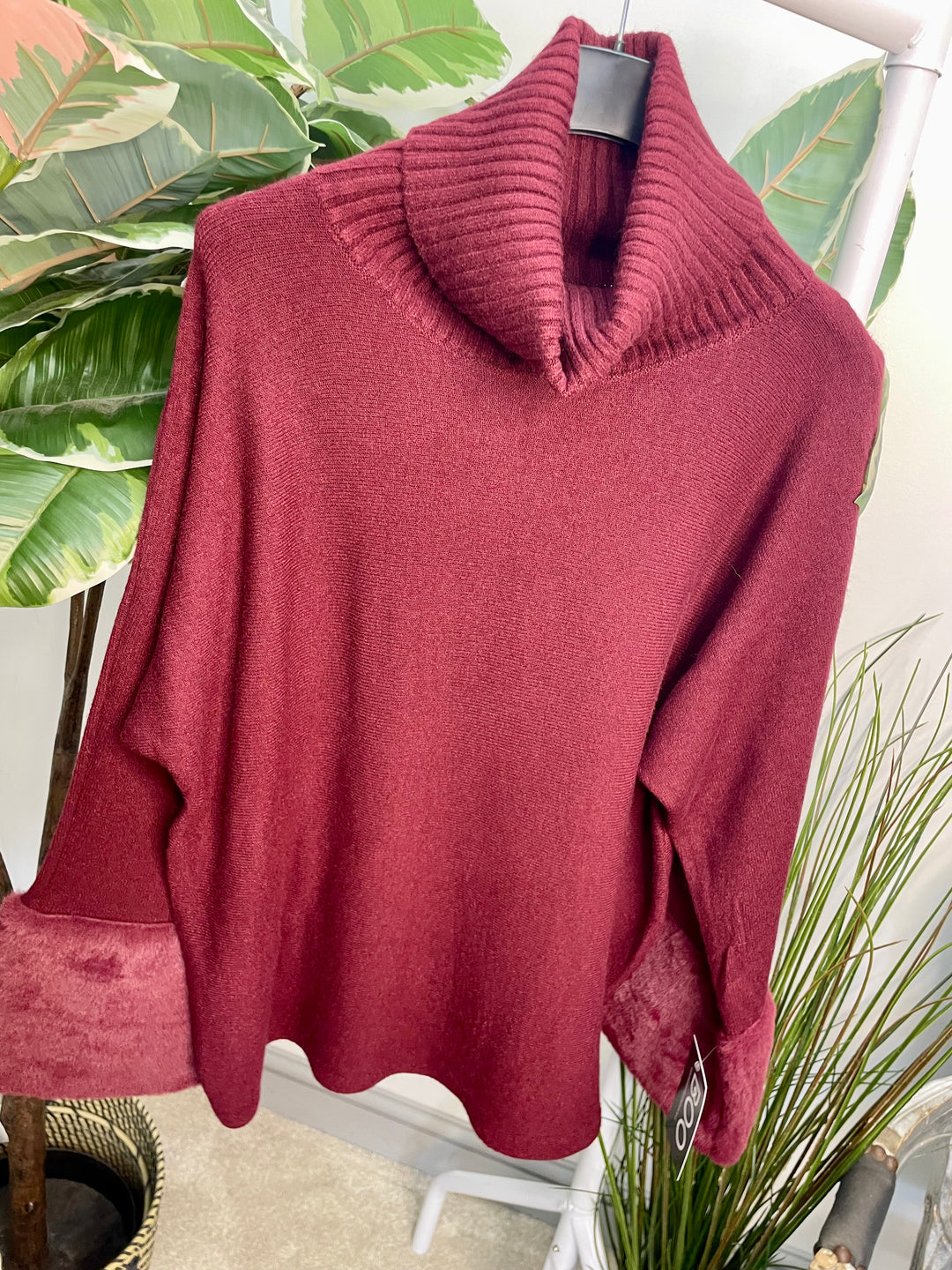 LADIES KNITTED FAUX FUR CUFF JUMPER - BURGUNDY, GREY, BLACK, BROWN, BEIGE, CAMEL
