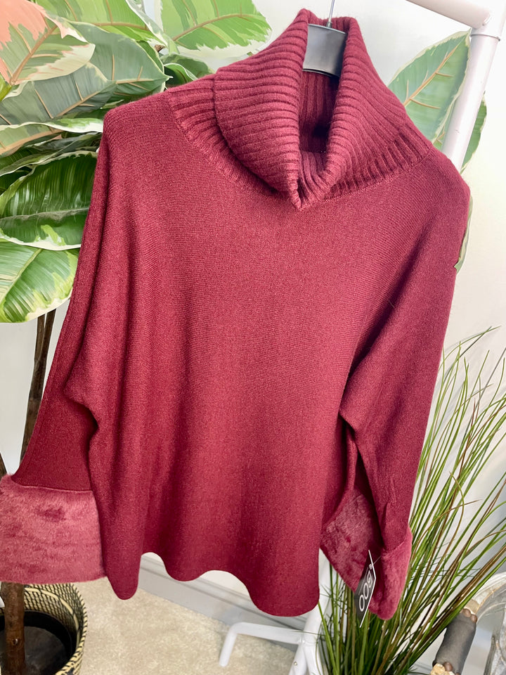 LADIES KNITTED FAUX FUR CUFF JUMPER - BURGUNDY, GREY, BLACK, BROWN, BEIGE, CAMEL
