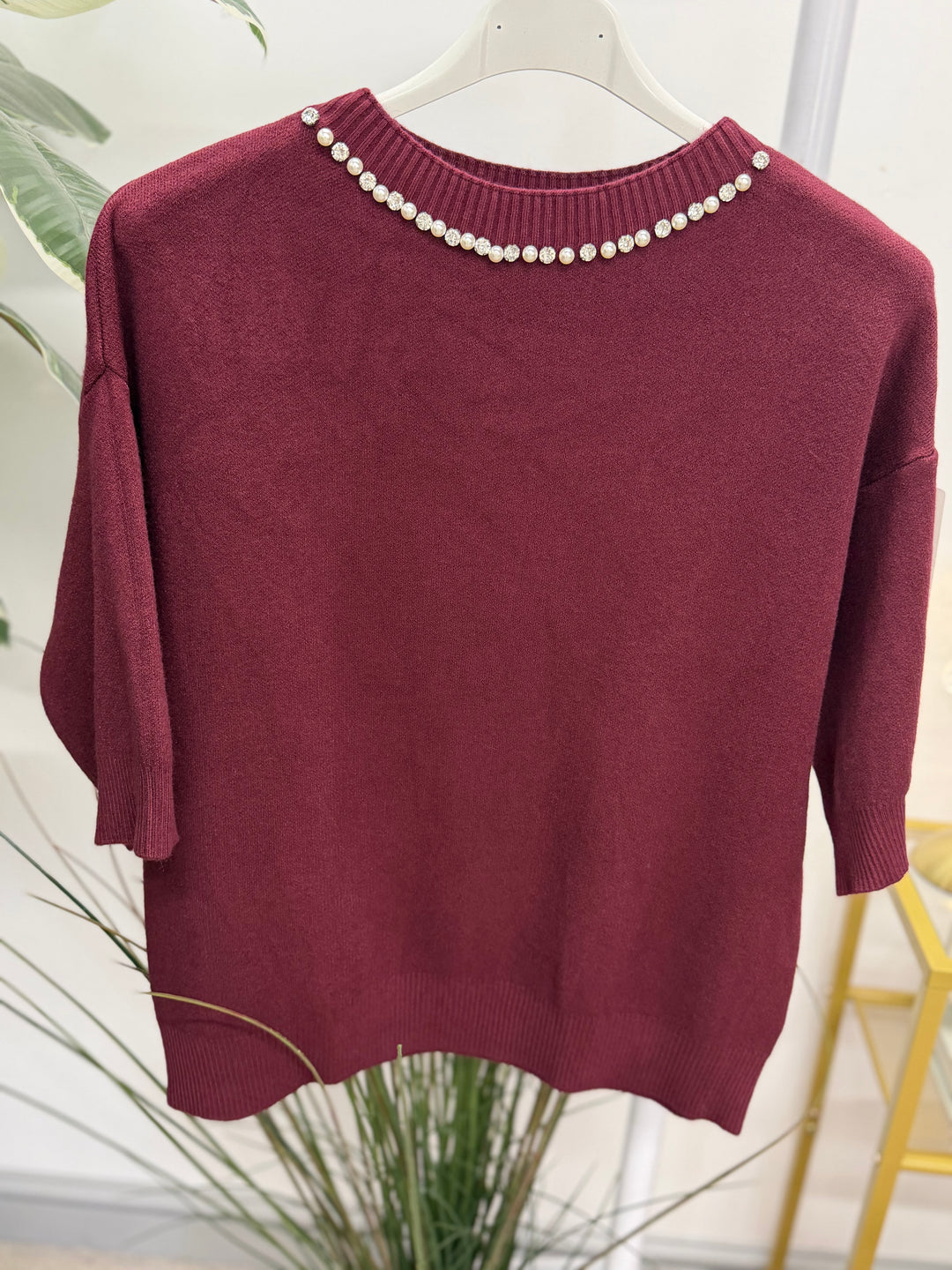 Ladies Fashion Diamante/Pearl Short Sleeve Jumper - Blue, White, Brown, Wine & Navy