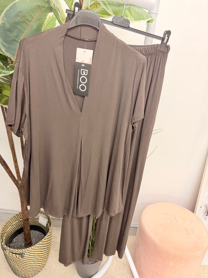 Ladies Fashion Jersey Wide Leg Trouser Co Ord Set - Black, Navy, Khaki & Brown