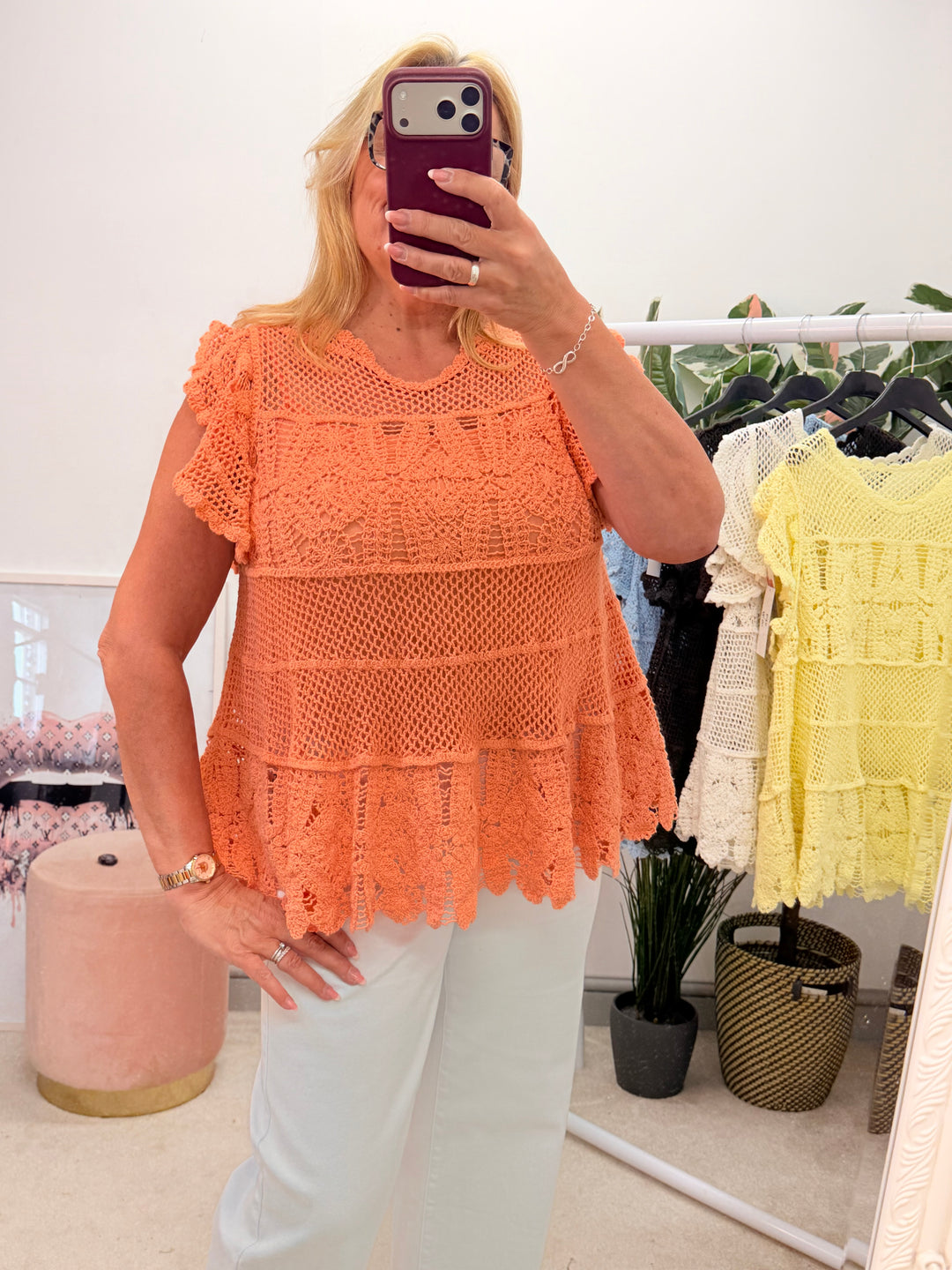 Ladies Pretty Crochet Top - lemon, white, blue, brown & coral 