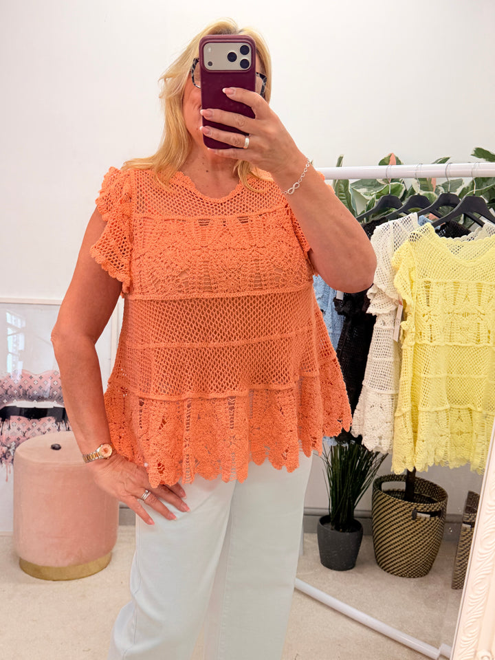 Ladies Pretty Crochet Top - lemon, white, blue, brown & coral 