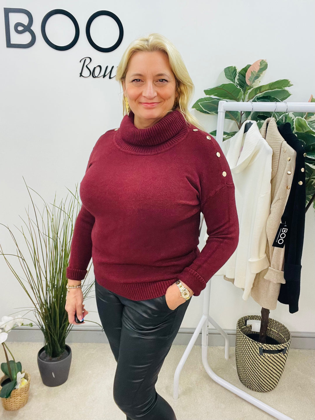 LADIES SOFT KNIT ROLL NECK JUMPER - WHITE, BLACK, BURGUNDY, BROWN & BEIGE