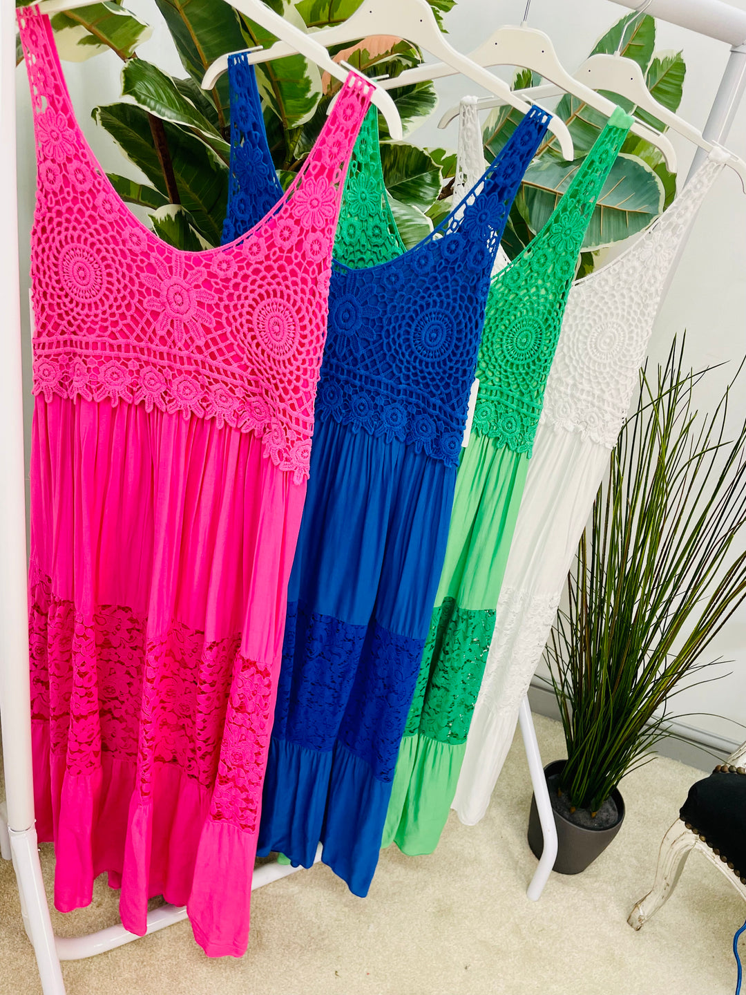 LADIES CROCHET LACE SUMMER MIDI DRESS - WHITE, ROYAL BLUE, FUSCHIA PINK & GREEN