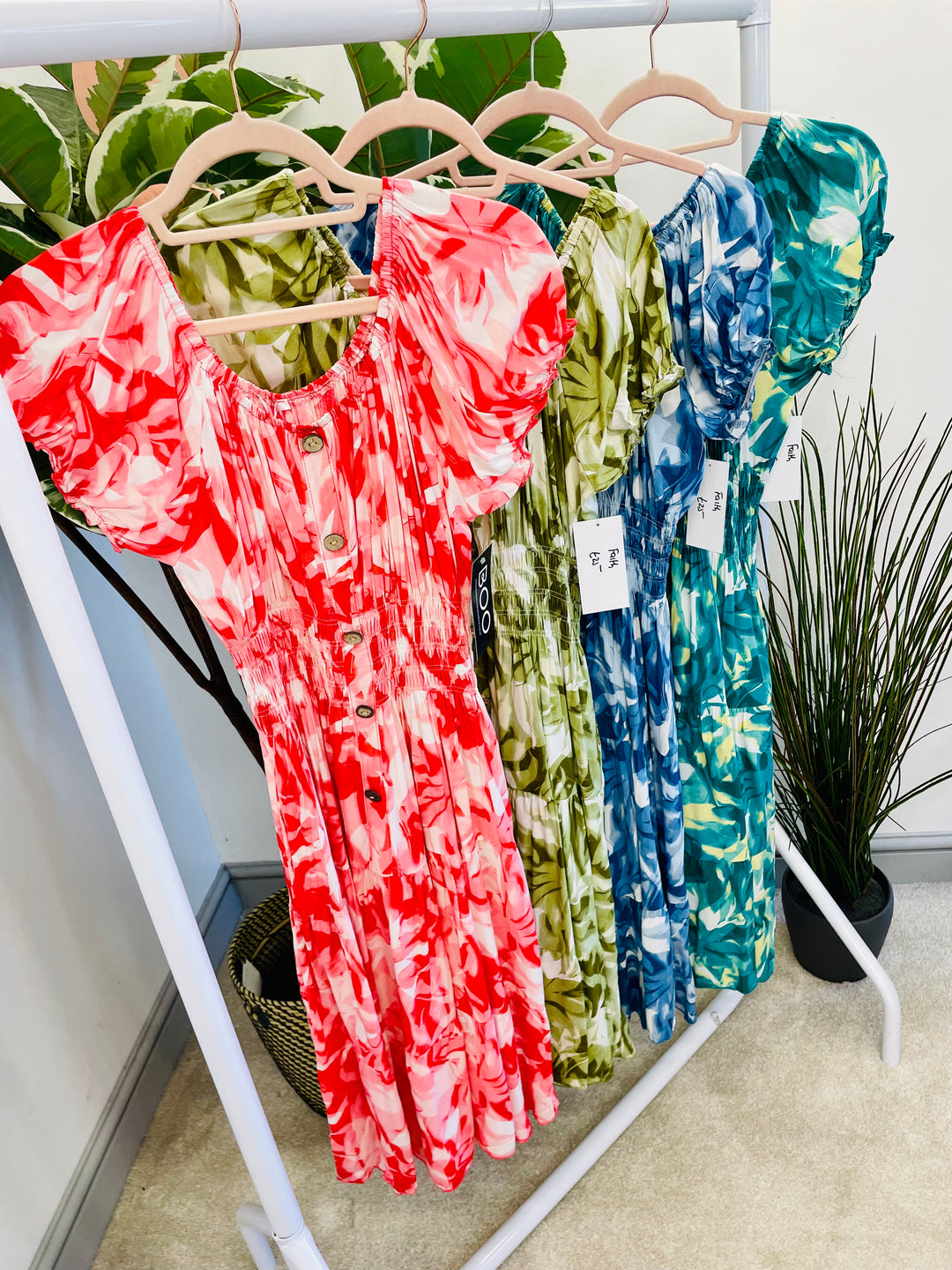 LADIES SUMMER MIDI BARDOT DRESS - PINK, BLUE, GREEN & KHAKI