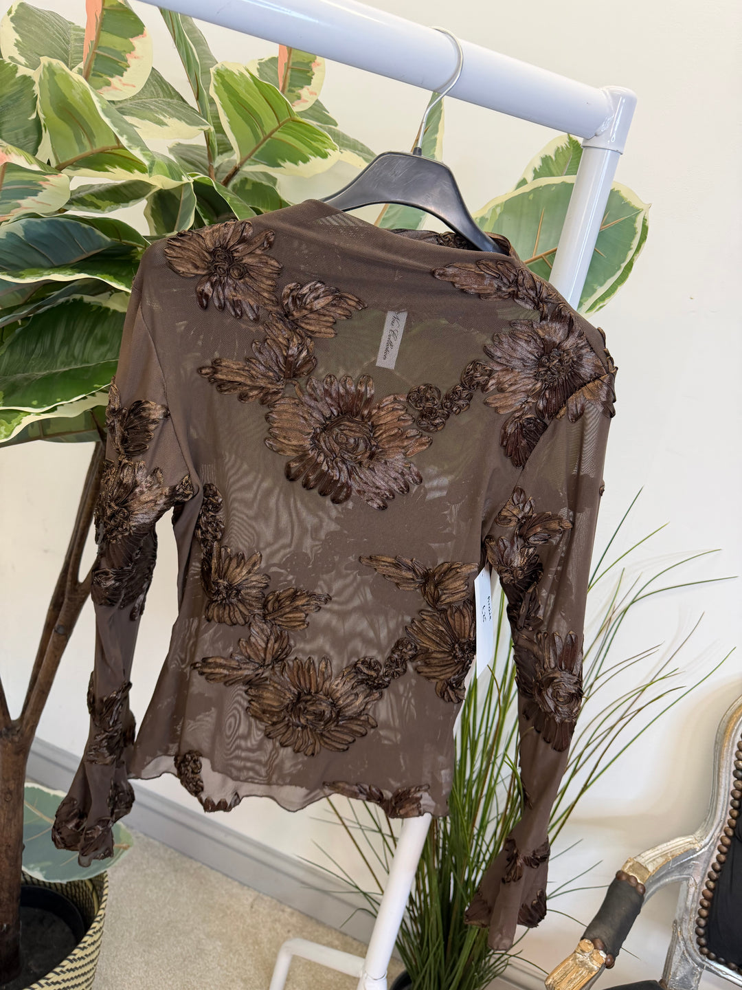 LADIES SHEER LACY TOP - BLUE, BLACK, WHITE, PINK & BROWN