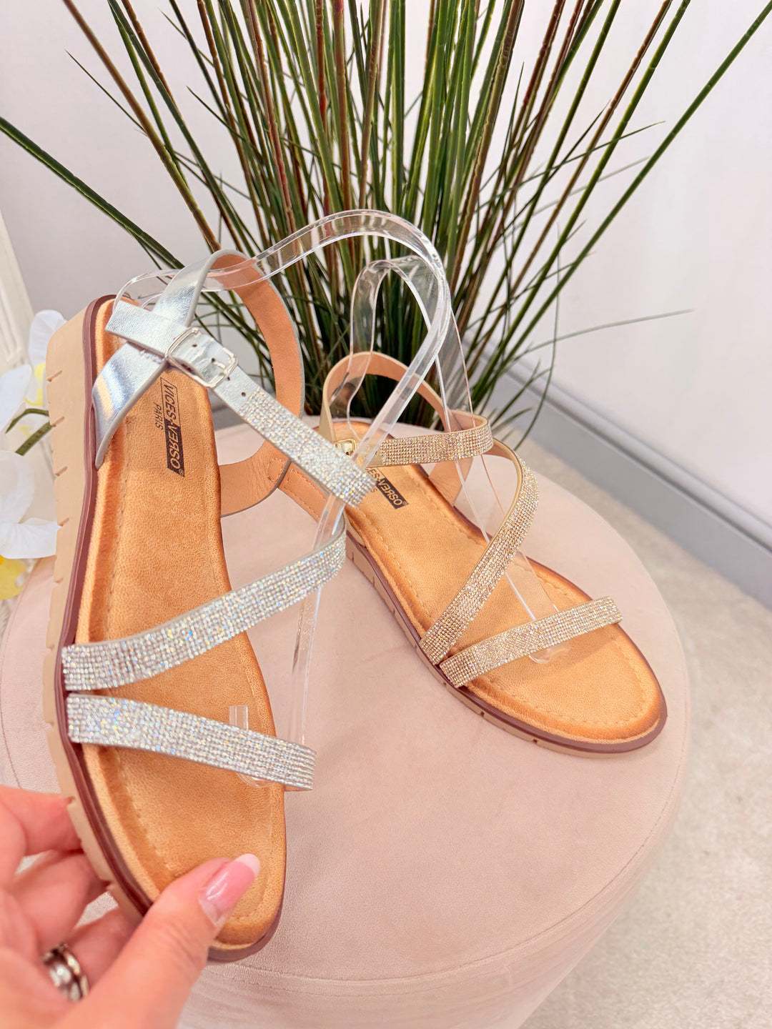 Ladies Diamante Small Wedge Heel Sandals - gold and silver