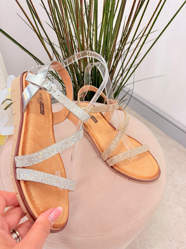 Ladies Diamante Small Wedge Heel Sandals - gold and silver